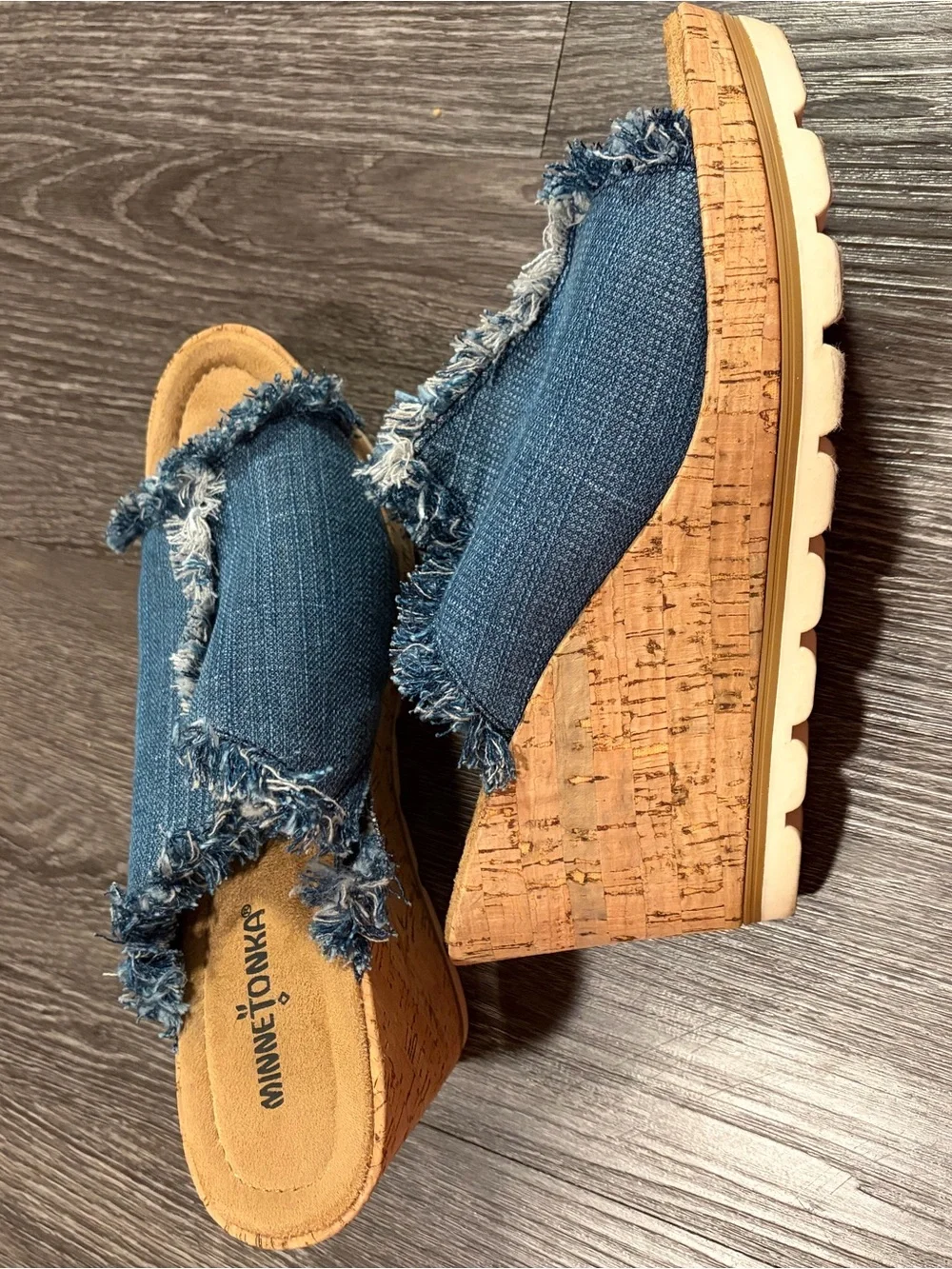 Minnetonka Blue Denim Frayed Cork Wedge Slides